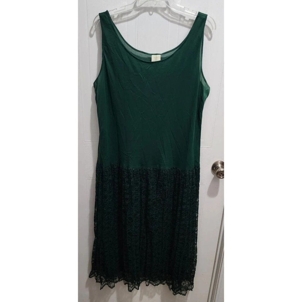 Vtg Sharade Of California Pleated Drop Waist Dress Green Lace Faire‎ Base Sz 16W